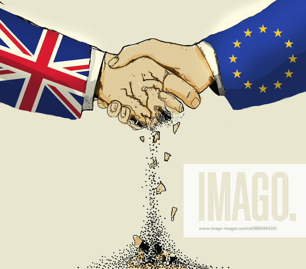 Britische Hand zerbröckelt beim Handschlag mit der EU