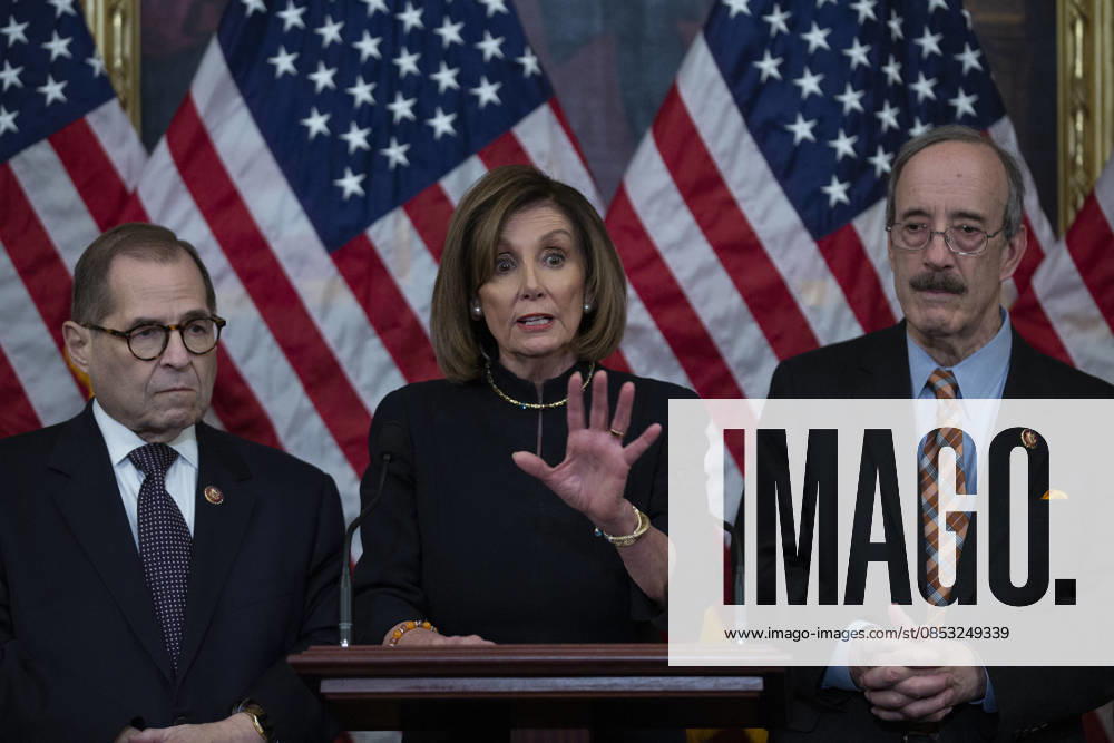 United States President Donald J. Trump is Impeached by the House of Representatives Speaker of the United States House of Representatives Nancy Pelosi (Democrat of California) speaks during a press conference with United States Representative Adam Schiff (Democrat of California), United States Representative Carolyn Maloney (Democrat of New York), United States Representative Jerrold Nadler (Democrat of New York), United States Representative Eliot Engel (Democrat of New York), United States Representative Richard Neal (Democrat of Massachusetts), and United States Representative Maxine Waters (Democrat of California) after the United States House of Representatives voted to impeach United States President Donald J. Trump at the United Sta