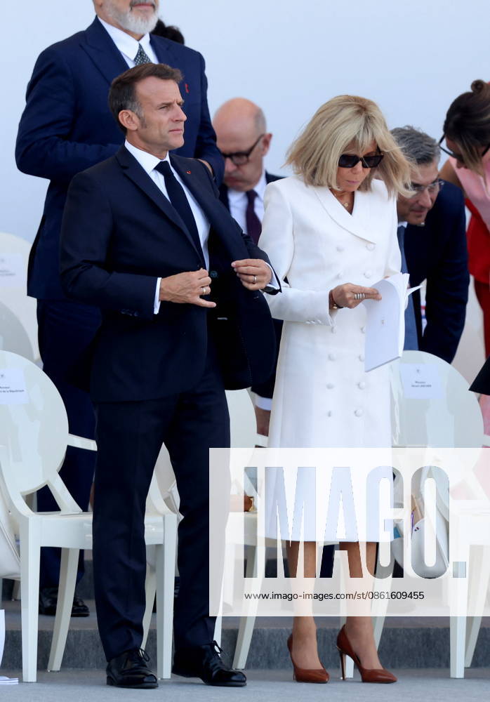 President Emmanuel Macron and Brigitte Macron at the July 14 military ceremony in Paris Jacovides Liewig Bestimage Bastille Day military parade on July 14, 2026, Paris, France