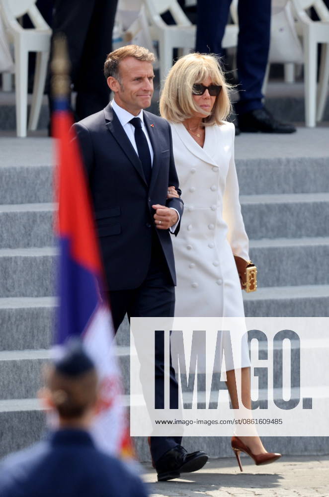 President Emmanuel Macron and Brigitte Macron at the July 14 military ceremony in Paris Jacovides Liewig Bestimage Bastille Day military parade on July 14, 2026, Paris, France
