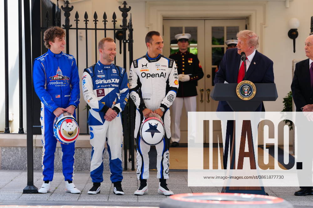 United States President Donald J Trump hosts top IndyCar drivers at the White House in Washington, DC, USA, to promote the inaugural Freedom 250 Grand Prix on Monday, July 13, 2026. The race will be held in DC on August 22-23, 2026. Drivers pictured at left are: reigning IndyCar champion Ãlex Palou, Felix Rosenqvist, the 2026 Indy 500, and David Malukas. Looking on from right is IndyCar series owner Roger Penske. Credit: CNP AdMedia Washington District of Columbia United States of America