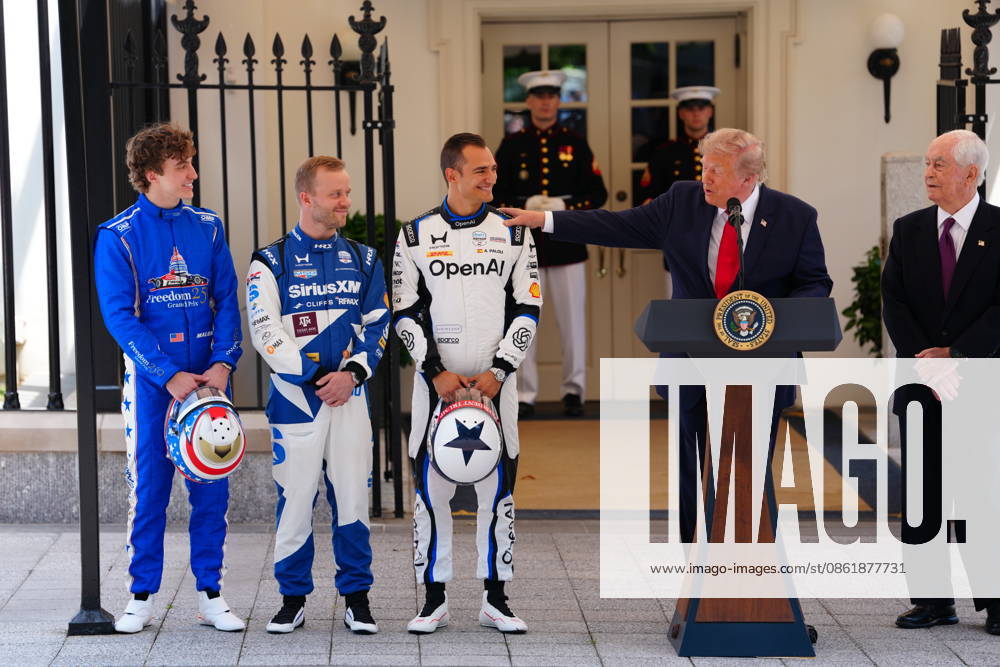 United States President Donald J Trump hosts top IndyCar drivers at the White House in Washington, DC, USA, to promote the inaugural Freedom 250 Grand Prix on Monday, July 13, 2026. The race will be held in DC on August 22-23, 2026. Drivers pictured at left are: reigning IndyCar champion Ãlex Palou, Felix Rosenqvist, the 2026 Indy 500, and David Malukas. Looking on from right is IndyCar series owner Roger Penske. Credit: CNP AdMedia Washington District of Columbia United States of America