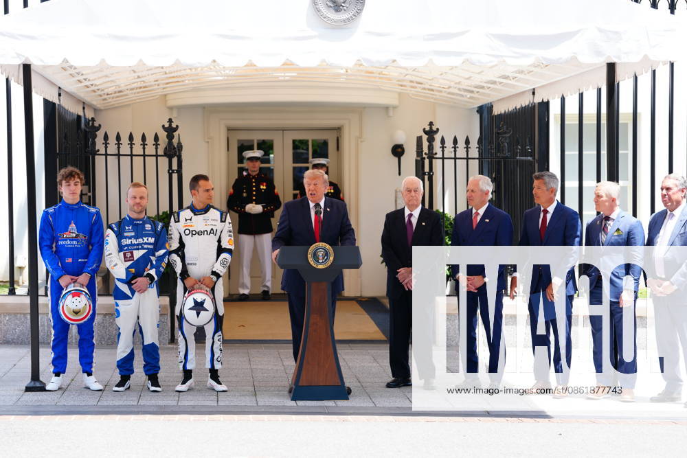 United States President Donald J Trump hosts top IndyCar drivers at the White House in Washington, DC, USA, to promote the inaugural Freedom 250 Grand Prix on Monday, July 13, 2026. The race will be held in DC on August 22-23, 2026. Drivers pictured at left are: reigning IndyCar champion Ãlex Palou, Felix Rosenqvist, the 2026 Indy 500, and David Malukas. Credit: CNP AdMedia Washington District of Columbia United States of America
