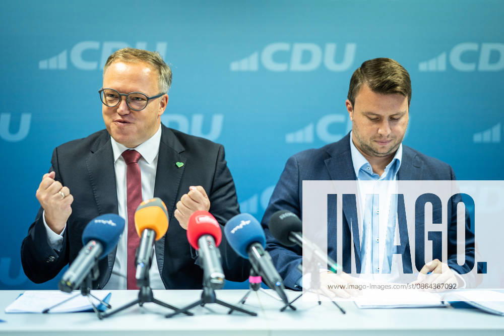 Mario Voigt, Ministerpräsident Thüringen, mit Niklas Waßmann, Generalsekretär CDU-Thüringen;Pressekonferenz des Ministerpräsidenten von Thüringen in der Landesgeschäftsstelle der CDU, Erfurt Thüringen Deutschland Landesgeschäftsstelle CDU Thür