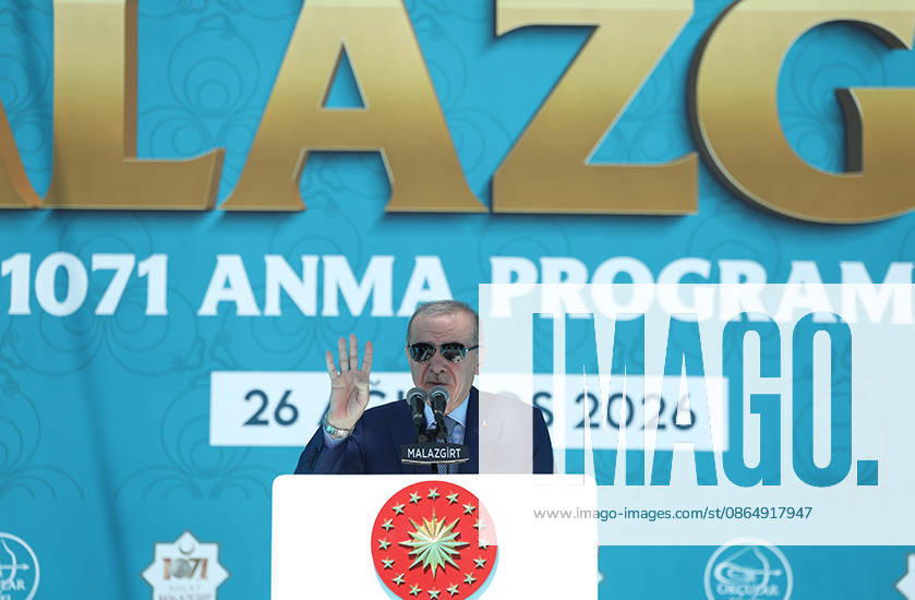 Turkish President Erdogan Attends 955th Anniversary of Manzikert Victory Turkish President Recep Tayyip Erdogan attends a ceremony marking the 955th anniversary of the Victory of Manzikert at the Battle of Manzikert Historical National Park in eastern Türkiye, on August 26, 2026. The commemoration marks the 1071 Battle of Manzikert and the conquest of Anatolia. Photo by Turkish presidency apaimages Istanbul Istanbul Turkey 260826_T__rkiye_TPO_00(9)