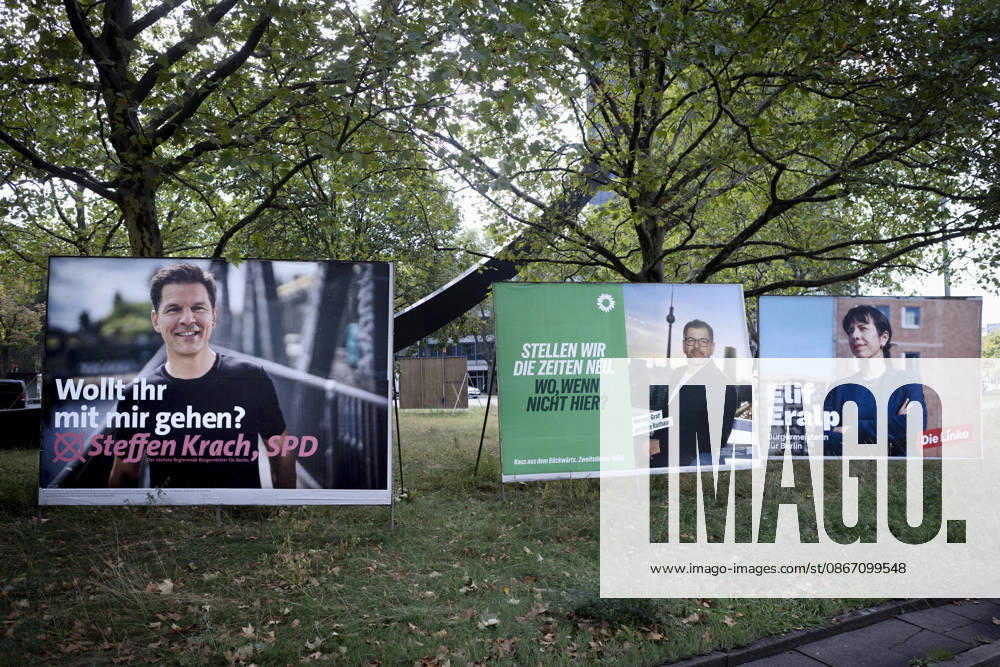 Wahlplakate Berlin DEU, Deutschland, Germany, Berlin, 14.09.2026 Wahlplakat mit Foto von Steffen Krach , Spitzenkandidat der Berliner SPD zur Abgeordnetenhauswahl mit Slogan Wollt ihr mit mir gehen , Wahlplakat mit Foto von Werner Graf , Spitzenkandidat der Buendnis 90 Die Gruenen with slogan Stellen wir die Zeiten neu , und Wahlplakat mit Foto von Elif Eralp , Spitzenkandidatin der Partei Die Linke in Berlin mit Slogan Buergermeisterin fuer Berlin fuer die Abgeordnetenhauswahl am 20. September 2026 in Berlin Deutschland en: Election poster featuring a photo of Steffen Krach , the lead candidate for the Berlin SPD , Election poster featuring a photo Werner Graf , top candidate of the Berlin Greens with slogan Stellen wir die Zeiten neu, a
