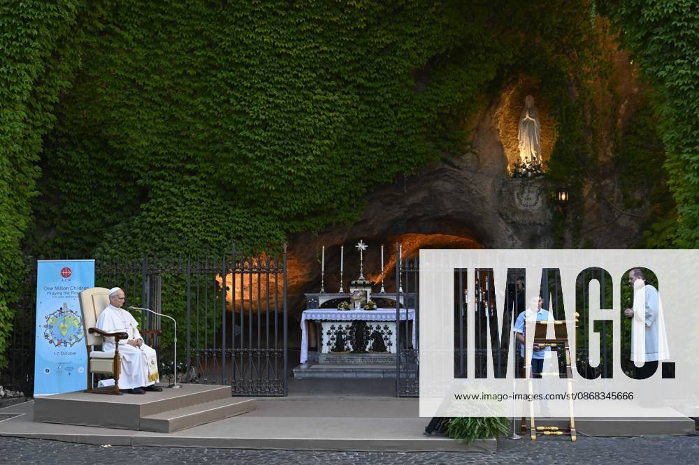 IPA89187807 - Italy, Rome, Vatican, October 1, 2026: Pope Leo XIV reacts as he attends the One Million Children Praying the Rosary event at the Lourdes Grotto in the Vatican Gardens. Photo by VATICAN MEDIA Catholic Press Photo