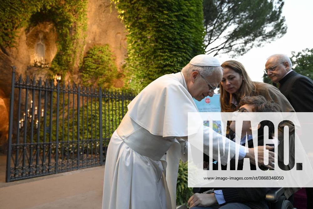 IPA89187810 - Italy, Rome, Vatican, October 1, 2026: Pope Leo XIV reacts as he attends the One Million Children Praying the Rosary event at the Lourdes Grotto in the Vatican Gardens. Photograph by VATICAN MEDIA Catholic Press Photo