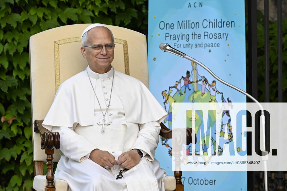 IPA89187813 - Italy, Rome, Vatican, October 1, 2026: Pope Leo XIV reacts as he attends the One Million Children Praying the Rosary event at the Lourdes Grotto in the Vatican Gardens. Photo by VATICAN MEDIA Catholic Press Photo