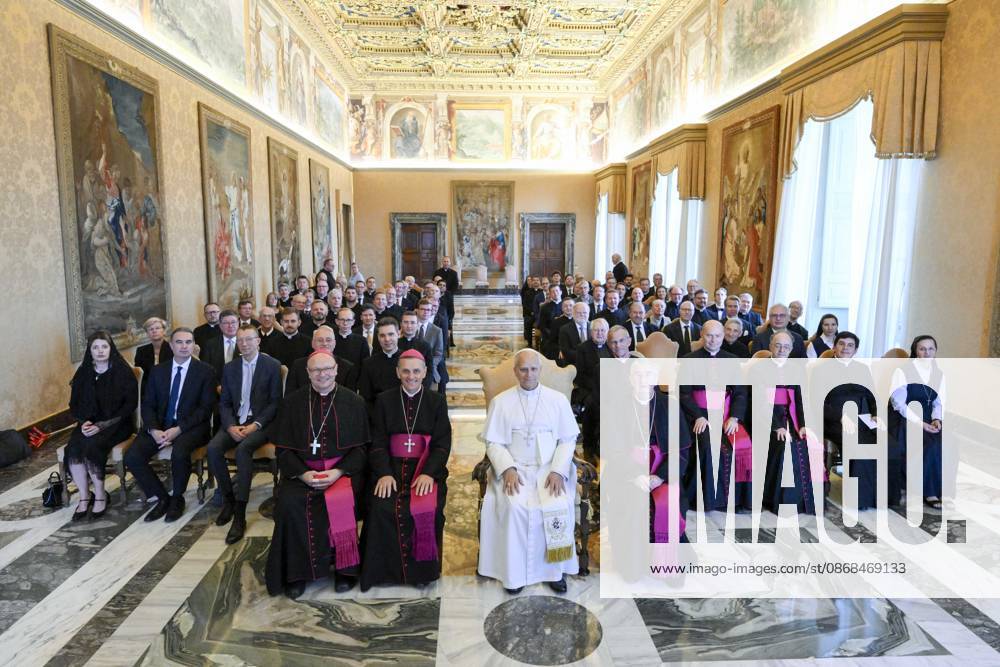 IPA89255146 - Italy, Rome, Vatican, October 3, 2026: Pope Leo XIV receives members of the Pontifical Teutonic College of Santa Maria in Campo Santo on the 150th anniversary of its founding during a private audience at the Vatican. Photo by VATICAN MEDIA Catholic Press Photo