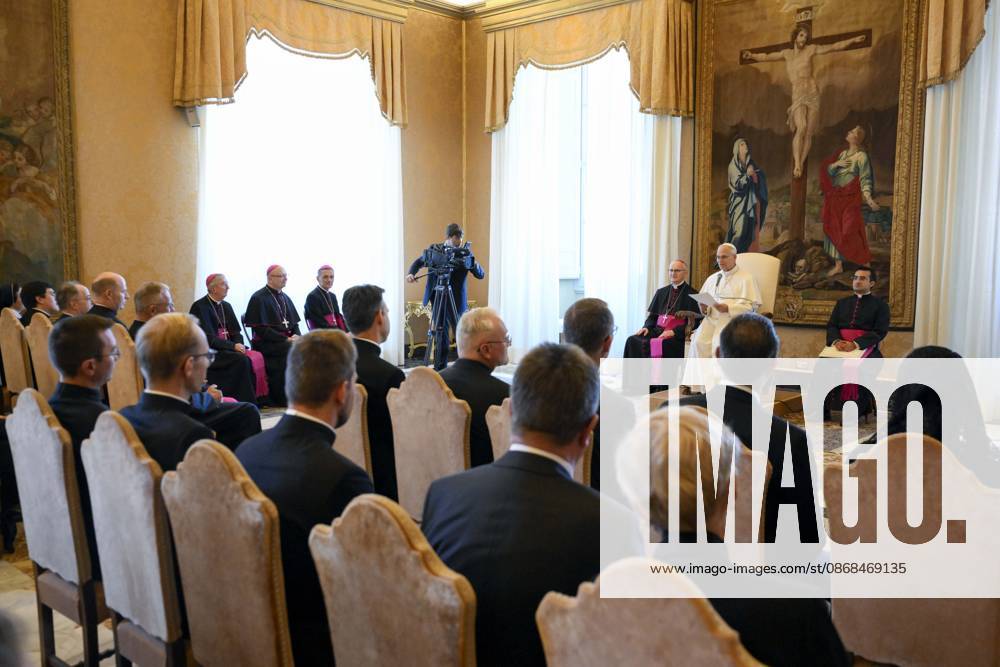 IPA89255147 - Italy, Rome, Vatican, October 3, 2026: Pope Leo XIV receives members of the Pontifical Teutonic College of Santa Maria in Campo Santo on the 150th anniversary of its founding during a private audience at the Vatican. Photo by VATICAN MEDIA Catholic Press Photo