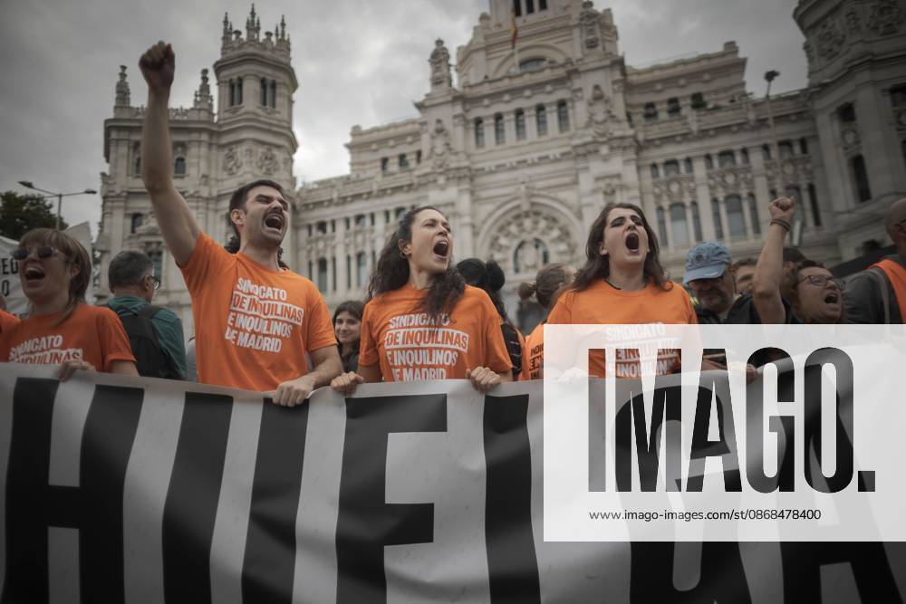 MADRID, SPAIN †OCTOBER 3, 2026: Tens of thousands of people took part in a housing rights demonstration in Madrid organized by the Madrid Tenants Union, which called for a general strike across Spain until measures against real estate speculation in Madrid are approved. The march came one week after a large protest encampment began at Puerta del Sol. The encampment prompted the government to approve two decrees containing housing measures demanded by activists, although Parliament rejected the measures the previous Friday. Demonstrators marched through Madrid as part of the ongoing campaign over housing rights and measures addressing real estate speculation. Madrid Spain - ZUMAq101 20261003_zna_q101_102