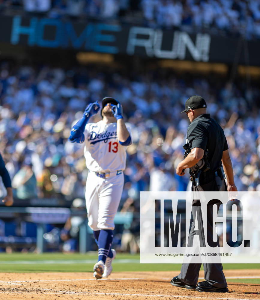 Max Muncy of the Los Angeles Dodgers reacts after hitting a solo home run during the game against the Atlanta Braves in game one of the National League Division Series at Dodger Stadium on October 03, 2026 in Los Angeles, California. Los Angeles Dodgers won the game 5-3. . Los Angeles USA - ZUMAa60_ 20261003_zaf_a60_023