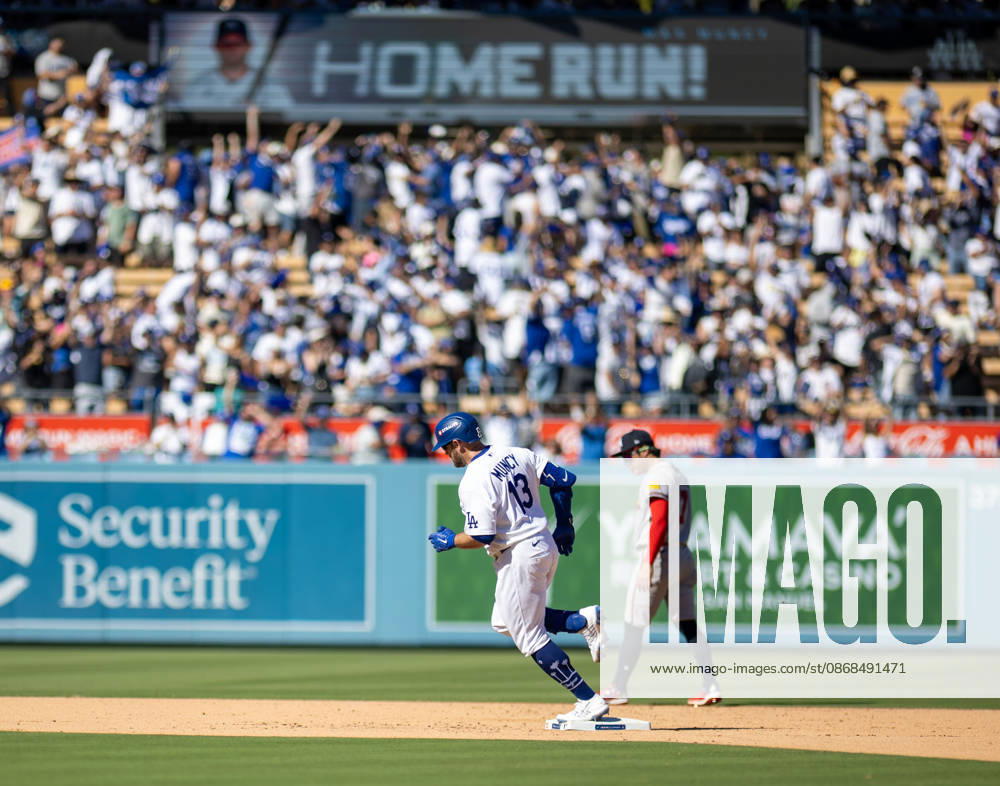 Max Muncy of the Los Angeles Dodgers reacts after hitting a solo home run during the game against the Atlanta Braves in game one of the National League Division Series at Dodger Stadium on October 03, 2026 in Los Angeles, California. Los Angeles Dodgers won the game 5-3. . Los Angeles USA - ZUMAa60_ 20261003_zaf_a60_029