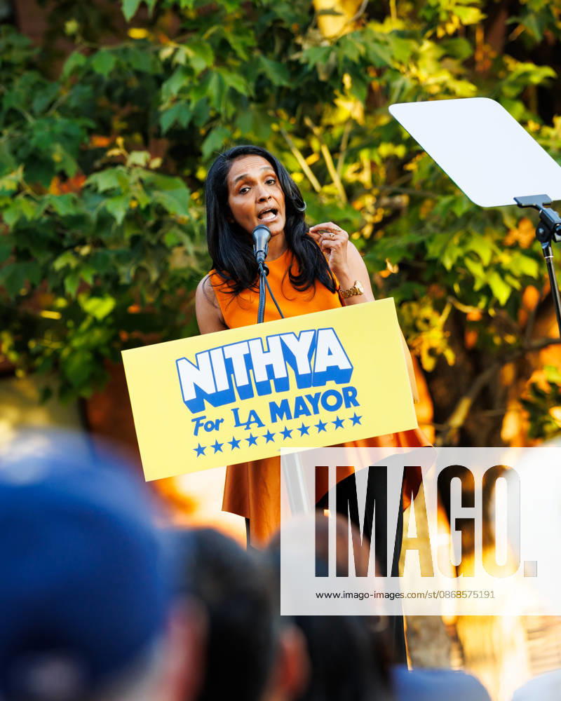 Los Angeles mayoral candidate NITHYA RAMAN gives a speech to her supporters during an event at Los Angeles Trade-Technical College in downtown Los Angeles on Sunday, Oct. 4, 2026. A recent poll by UC Berkeley indicates that Raman currently leads Los Angeles Mayor Karen Bass by 11 points, 39% to 28% Los Angeles USA - ZUMAt176 20261004_zsp_t176_004