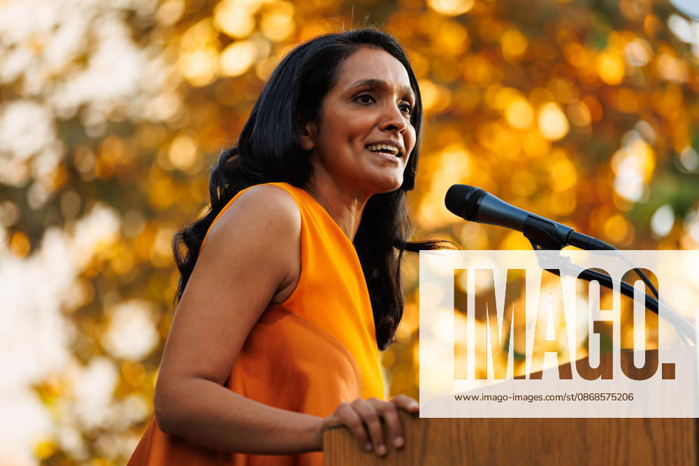 Los Angeles mayoral candidate NITHYA RAMAN gives a speech to her supporters during an event at Los Angeles Trade-Technical College in downtown Los Angeles on Sunday, Oct. 4, 2026. A recent poll by UC Berkeley indicates that Raman currently leads Los Angeles Mayor Karen Bass by 11 points, 39% to 28% Los Angeles USA - ZUMAt176 20261004_zsp_t176_008