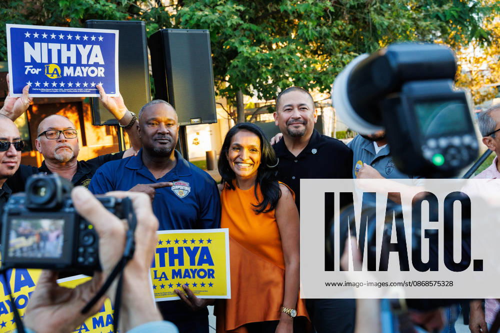 Los Angeles mayoral candidate NITHYA RAMAN poses for a picture with members of the Western States Carpenters after her speech during an event at Los Angeles Trade-Technical College in downtown Los Angeles on Sunday, Oct. 4, 2026. A recent poll by UC Berkeley indicates that Raman currently leads Los Angeles Mayor Karen Bass by 11 points, 39% to 28% Los Angeles USA - ZUMAt176 20261004_zsp_t176_011