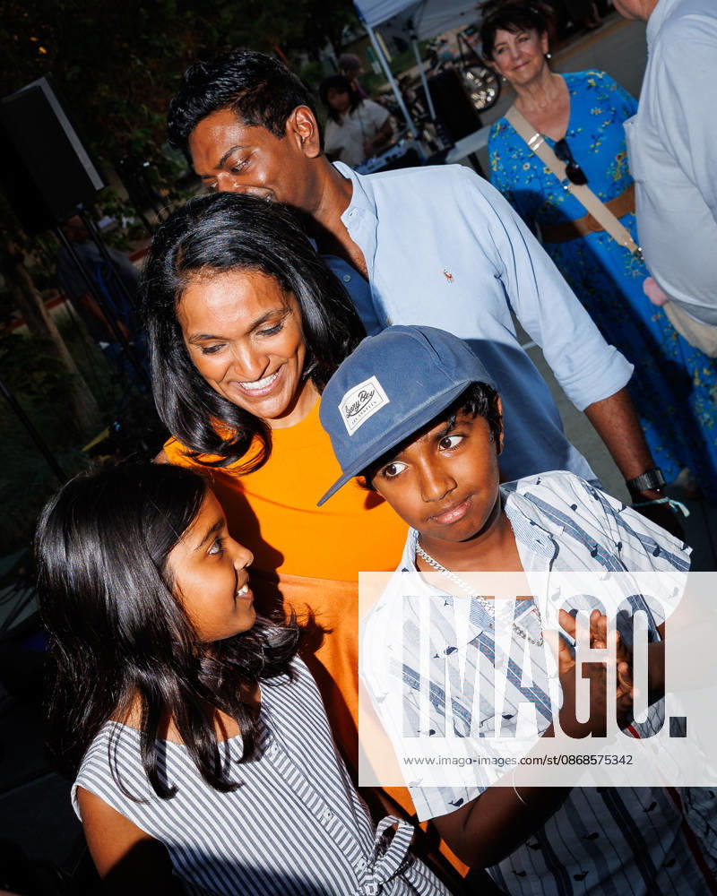 Los Angeles mayoral candidate NITHYA RAMAN with her family during an event at Los Angeles Trade-Technical College in downtown Los Angeles on Sunday, Oct. 4, 2026. A recent poll by UC Berkeley indicates that Raman currently leads Los Angeles Mayor Karen Bass by 11 points, 39% to 28% Los Angeles USA - ZUMAt176 20261004_zsp_t176_013