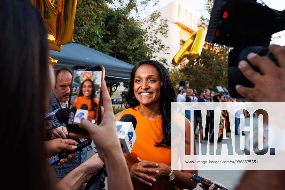 Los Angeles mayoral candidate NITHYA RAMAN speaks with members of the media during an event at Los Angeles Trade-Technical College in downtown Los Angeles on Sunday, Oct. 4, 2026. A recent poll by UC Berkeley indicates that Raman currently leads Los Angeles Mayor Karen Bass by 11 points, 39% to 28% Los Angeles USA - ZUMAt176 20261004_zsp_t176_014