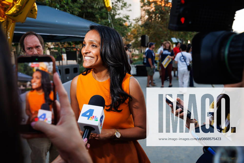 Los Angeles mayoral candidate NITHYA RAMAN speaks with members of the media during an event at Los Angeles Trade-Technical College in downtown Los Angeles on Sunday, Oct. 4, 2026. A recent poll by UC Berkeley indicates that Raman currently leads Los Angeles Mayor Karen Bass by 11 points, 39% to 28% Los Angeles USA - ZUMAt176 20261004_zsp_t176_016