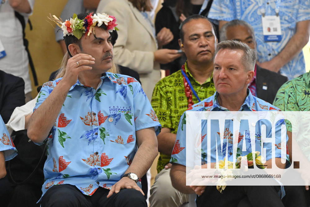 ANTHONY ALBANESE PRECOP MEETING, Türkiye s Minister for Climate Change Murat Kurum and Australias Minister for Climate Change Chris Bowen during a traditional welcome ceremony during the Pre-Cop31 meeting in Tuvalu, Tuesday, October 6, 2026. ( NO ARCHIVING Funafuti Tuvalu