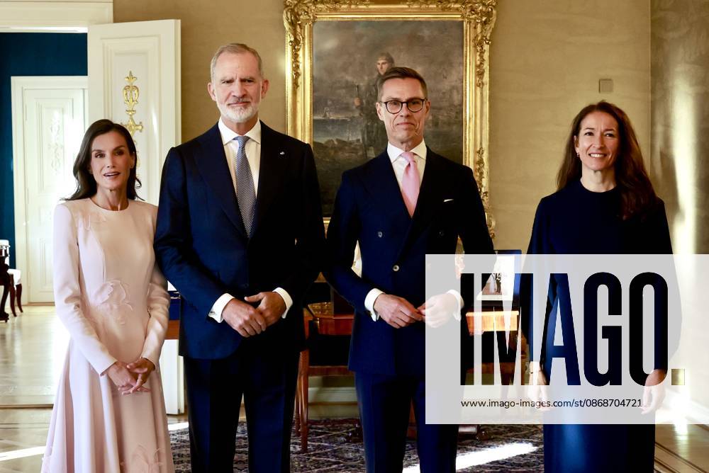 Finland Queen Letizia and King Felipe with President Alexander Stubb and Suzanne Innes-Stubb during the official welcoming ceremony marking the start of the statevisit to Finland. Â