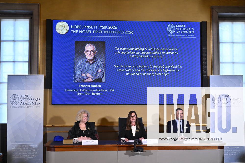 Eva Olsson, Ellen Moons, and Mark Pearce announce Francis Halzen as the recipient of the 2026 Nobel Prize in Physics during a press conference at the Royal Swedish Academy of Sciences in Stockholm, Sweden, on October 6, 2026 STOCKHOLM SWEDEN