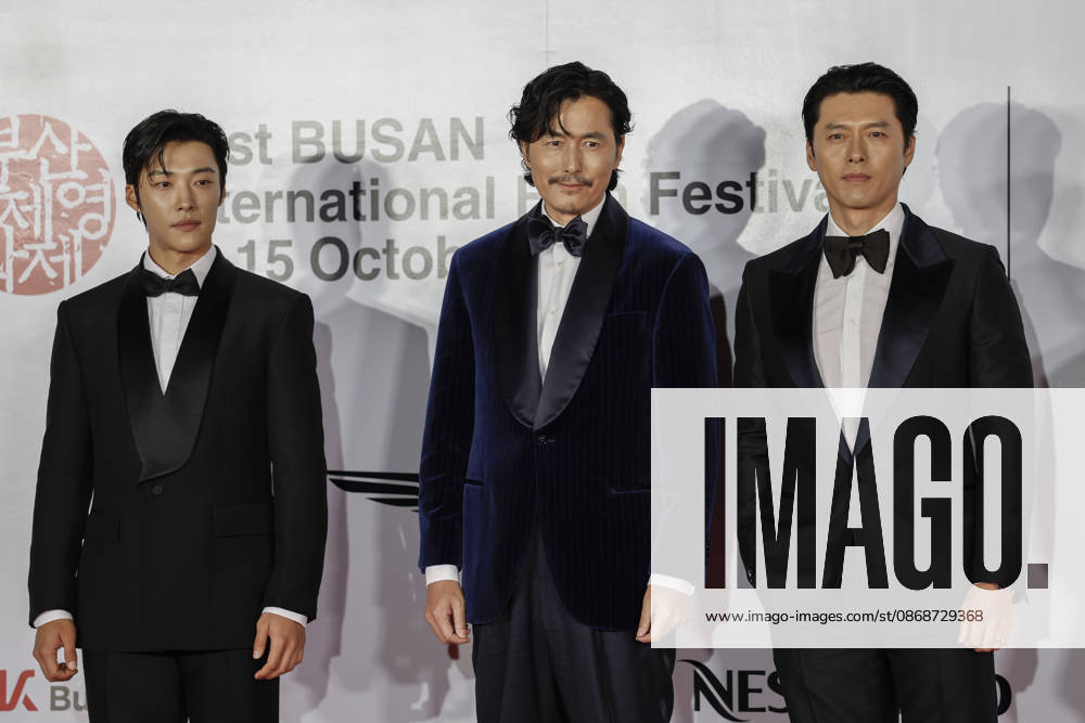 Stars gather at busan international film festival in south korea (L-R) South Korean actors Woo Do-hwan, Jung Woo-sung and Hyun Bin pose for photographs during a photocall ahead of the opening ceremony of the 31st Busan International Film Festival (BIFF) at the Busan Cinema Center in Busan, South Korea, on October 06, 2026. Busan South Korea