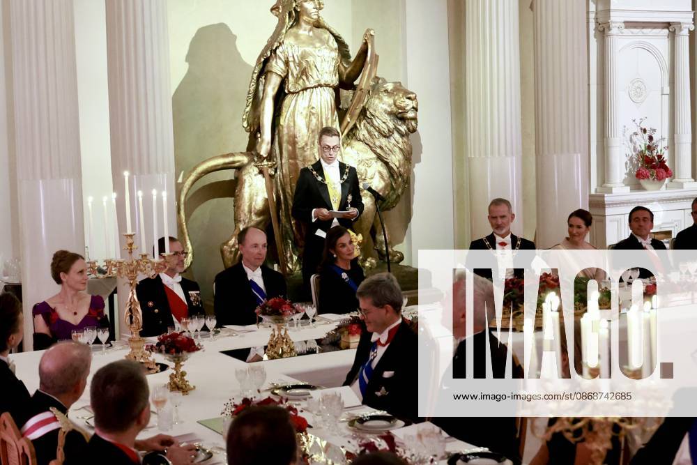 Gala King Felipe and Queen Letizia and President Alexander Stubb and Suzanne Innes-Stubb pose before the dinner at the Presidential palace in Helsinki, Finland. Â