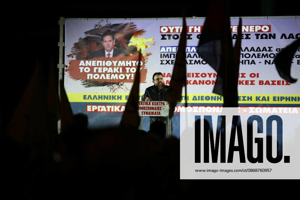 A speaker addresses demonstrators from a stage during an anti-war protest opposing the visit of US Secretary of State MARCO RUBIO. Athens GREECE - ZUMAx103 20261006_zip_x103_010