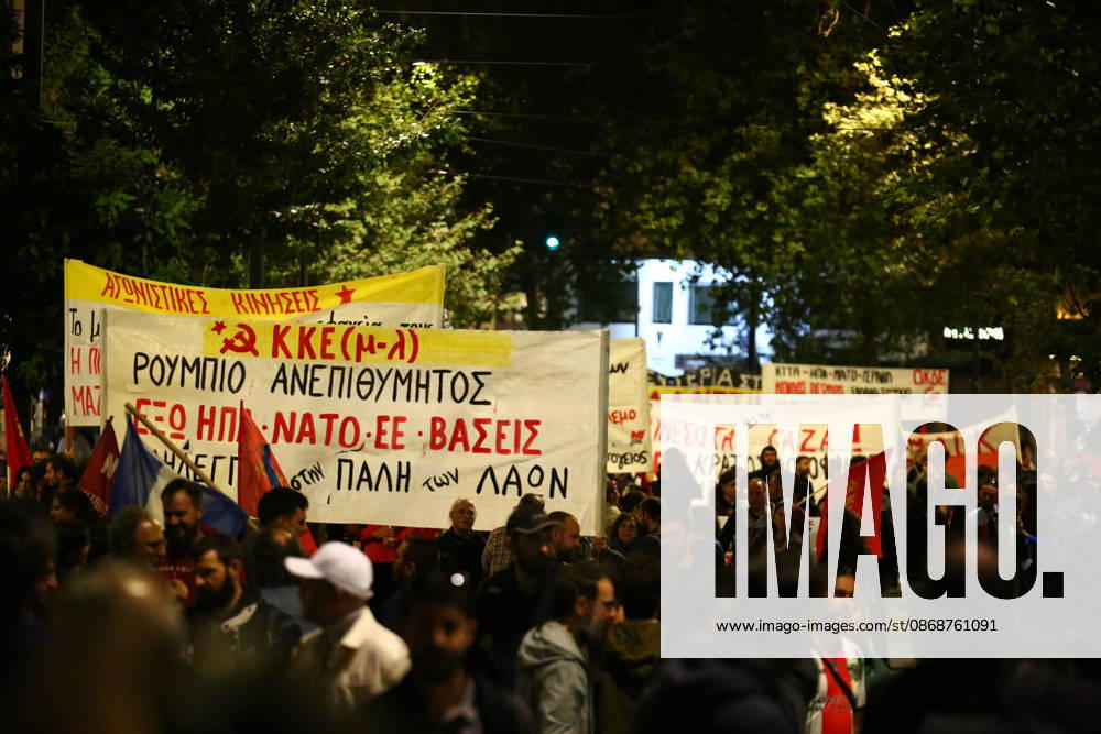 Demonstrators march with anti-war banners and flags during a protest opposing the visit of US Secretary of State MARCO RUBIO. Athens GREECE - ZUMAx103 20261006_zip_x103_018