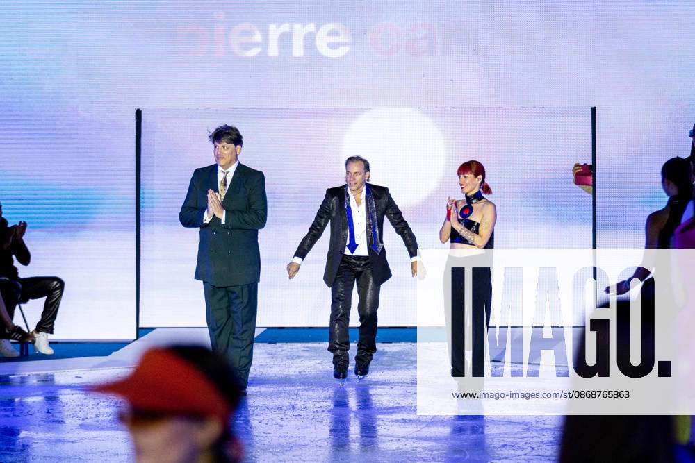 PFW Pierre Cardin Runway NB Fashion designer Rodrigo Basilicati-Cardin, Philippe Candeloro and Jennifer Ayache during the Pierre Cardin Womenswear Spring Summer 2027 show at Pailleron ice rink as part of Paris Fashion Week on October 06, 2026 in Paris, France. Photo by Nasser Berzane ABACAPRESS.COM Paris France