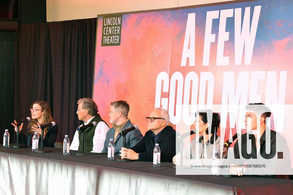 NEW YORK, NY- OCTOBER 6: Lear deBessonet, Aaron Sorkin, Michael Arden, Bradley Whitford, Krysta Rodriguez and Tom Blyth at the press conference for A Few Good Men at Lincoln Center Theater in the Vivian Beaumont Theatre on October 6, 2026 in New York City.