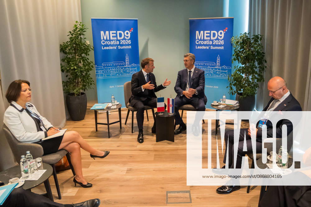 EU MED9 Bilateral meet Plenkovic - Macron Croatian Prime Minister Andrej Plenkovic meets French President Emmanuel Macron during bilateral meetings on the sidelines of the EU MED9 summit in Split, Croatia on October 7, 2027. ZvonimirxBarisin PIXSELL