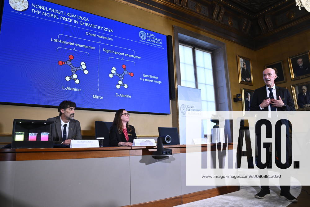 Henri Kagan and Kenso Soai are awarded the 2026 Nobel Prize in Chemistry during a press conference at the Royal Swedish Academy of Sciences in Stockholm, Sweden, on October 7, 2026 STOCKHOLM SWEDEN