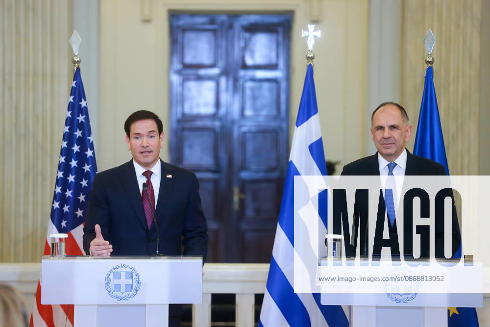 Greek Foreign Minister Giorgos Gerapetritis, US Secretary of State Marco Rubio hold joint press conference in Athens ATHENS, GREECE - OCTOBER 07: Greek Foreign Minister Giorgos Gerapetritis (R) and US Secretary of State Marco Rubio (L) hold a joint press conference at the Foreign Ministry in Athens, Greece, on October 07, 2026. Costas Baltas Anadolu Athens Greece. Editorial use only. Please get in touch for any other usage.