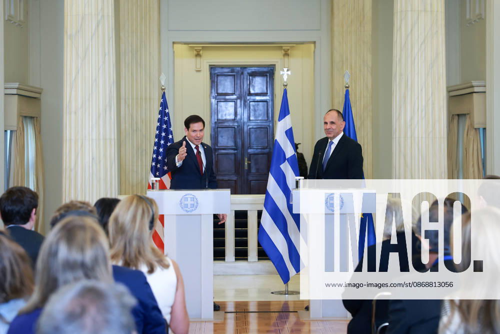 Greek Foreign Minister Giorgos Gerapetritis, US Secretary of State Marco Rubio hold joint press conference in Athens ATHENS, GREECE - OCTOBER 07: Greek Foreign Minister Giorgos Gerapetritis (R) and US Secretary of State Marco Rubio (L) hold a joint press conference at the Foreign Ministry in Athens, Greece, on October 07, 2026. Costas Baltas Anadolu Athens Greece. Editorial use only. Please get in touch for any other usage.