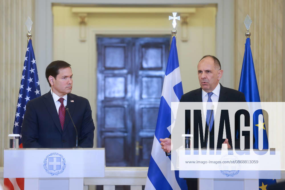 Greek Foreign Minister Giorgos Gerapetritis, US Secretary of State Marco Rubio hold joint press conference in Athens ATHENS, GREECE - OCTOBER 07: Greek Foreign Minister Giorgos Gerapetritis (R) and US Secretary of State Marco Rubio (L) hold a joint press conference at the Foreign Ministry in Athens, Greece, on October 07, 2026. Costas Baltas Anadolu Athens Greece. Editorial use only. Please get in touch for any other usage.