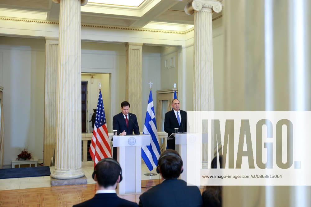 Greek Foreign Minister Giorgos Gerapetritis, US Secretary of State Marco Rubio hold joint press conference in Athens ATHENS, GREECE - OCTOBER 07: Greek Foreign Minister Giorgos Gerapetritis (R) and US Secretary of State Marco Rubio (L) hold a joint press conference at the Foreign Ministry in Athens, Greece, on October 07, 2026. Costas Baltas Anadolu Athens Greece. Editorial use only. Please get in touch for any other usage.
