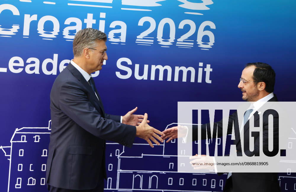 EU MED9 Prime Minister of Croatia Andrej Plenkovic welcomes President of Republic of Cyprus Nikos Christodoulides for EU MED9 summit at Split, Croatia on October 7, 2026. IvoxCagalj PIXSELL