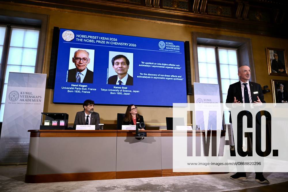 (261007) -- STOCKHOLM, Oct. 7, 2026 -- The 2026 Nobel Prize in Chemistry is announced in Stockholm, Sweden, Oct. 7, 2026. Henri Kagan and Kenso Soai have been awarded the 2026 Nobel Prize in Chemistry for their discovery of non-linear effects and autocatalysis in asymmetric organic synthesis, the Royal Swedish Academy of Sciences announced on Wednesday. ) SWEDEN-STOCKHOLM-NOBEL PRIZE IN CHEMISTRY-WINNERS LyuxYou