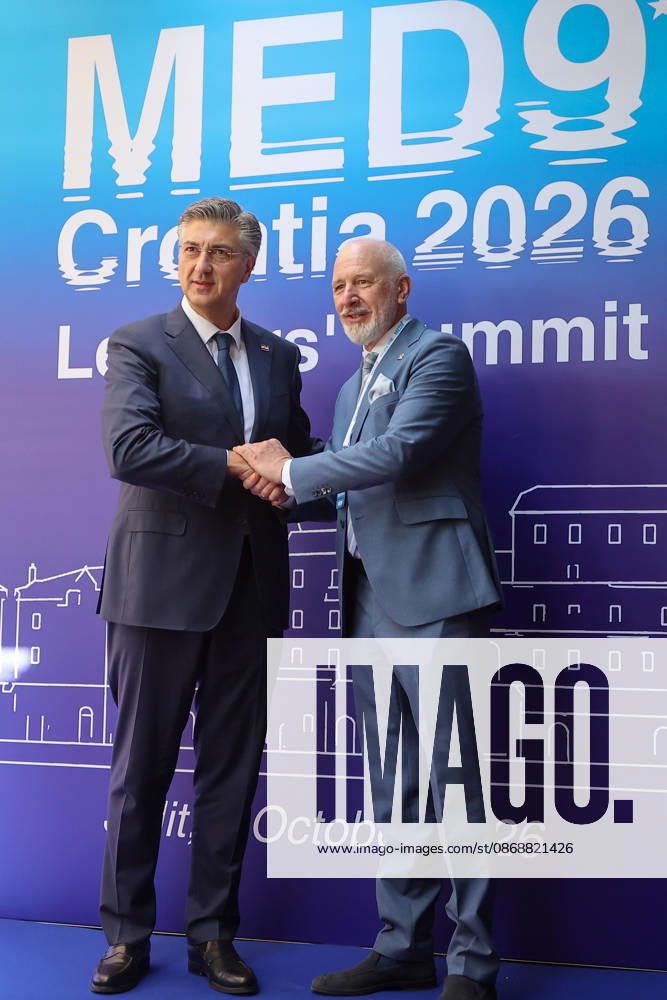 EU MED9 Prime Minister of Croatia Andrej Plenkovic welcomes Andro Krstulovic Opara for EU MED9 summit at Split, Croatia on October 7, 2026. IvanaxIvanovic PIXSELL
