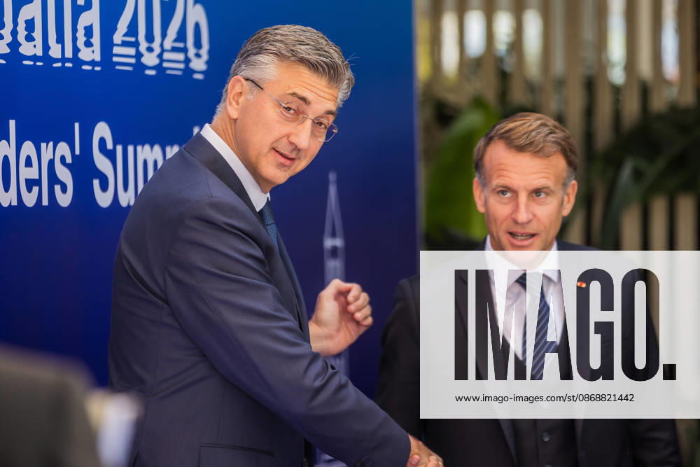 EU MED9 Prime Minister of Croatia Andrej Plenkovic welcomes President of France Emmanuel Macron for EU MED9 summit at Split, Croatia on October 7, 2026. ZvonimirxBarisin PIXSELL