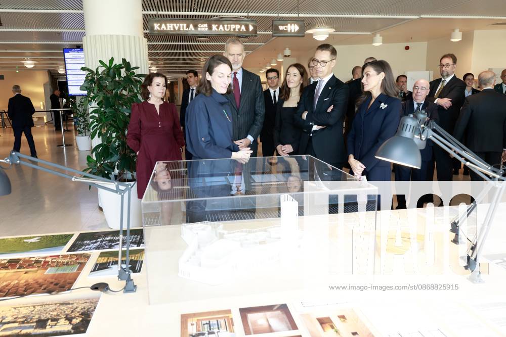 Finland King Felipe and Queen Letizia and President Alexander Stubb and Suzanne Innes-Stubb during the tour of the exhibition on the 2nd day of the 2 day statevisit to Finland. Â