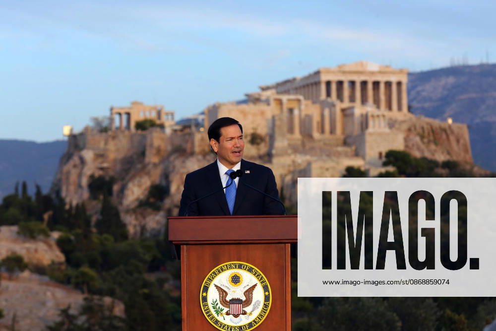 US Secretary of State visits Athens - US Secretary of State Marco Rubio delivers a speech on the Pnyx hill with the Acropolis in the background in Athens, Greece, 07 October 2026. Marco Rubio is visiting Athens for the launch of the 6th Greece-US Strategic Dialogue, focusing on defense, energy, and regional cooperation. ATHENS Greece