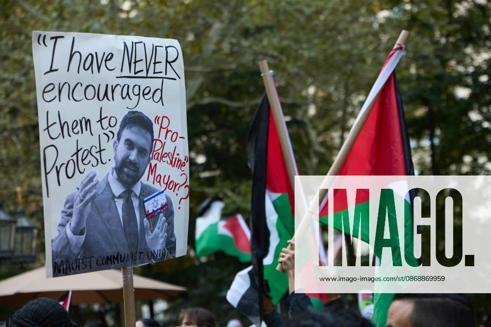 A demonstrator holds a poster reading I have never encouraged them to protest during a pro-Palestinian rally at City Hall Park in New York City. New York USA - ZUMAs237 20261007_aap_s237_030