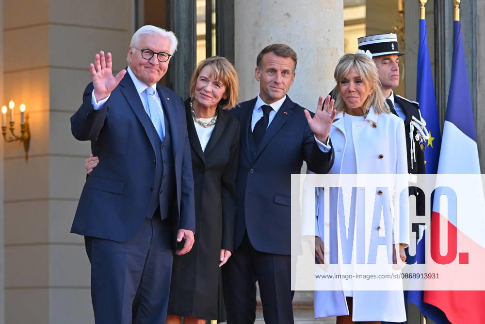 French president hosts German president, Elysee Palace, Paris, France French president Emmanuel Macron and his wife Mme Brigitte Macron host German President Mr Frank Walter Steinmeier and wife Mme Elke Budenbender at the Elysee Palace on October 08, 2026. Paris Elysee Palace Ile de France France