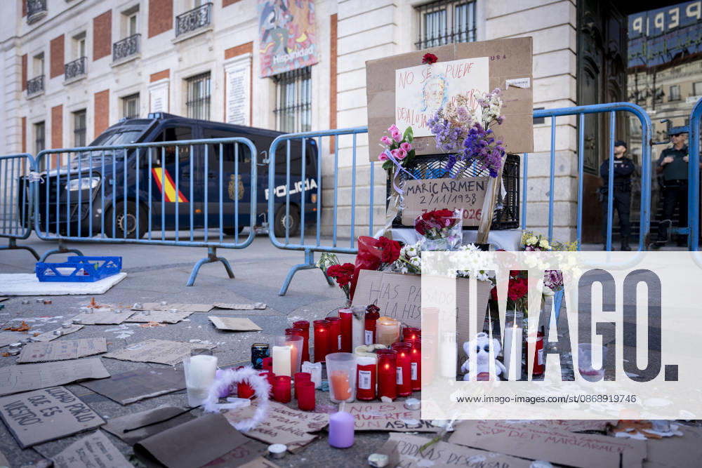 Protesters at Sol Square Stand by Their Demands for Affordable Housing Flowers and candles in tribute to Maricarmen Abascal during the housing protest at Puerta del Sol on October 8, 2026, in Madrid, Spain. The encampment at Sol has spilled over into the square, and the protesters are maintaining their demands against evictions and exorbitant rents. The Official State Gazette (BOE) published yesterday, October 7, the new version of the housing and rent decrees that the Council of Ministers approved the previous day OCTOBER 8, 2026 A Pé Madrid, Madrid, Spain