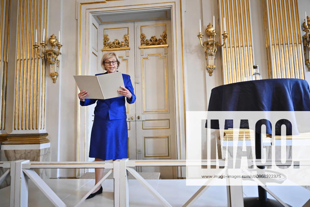 Ingrid Carlberg, Permanent Secretary of the Swedish Academy, announces that Canadian author Anne Carson has been awarded the 2026 Nobel Prize in Literature at Börshuset in Stockholm, Sweden, on October 8, 2026. STOCKHOLM, SWEDEN