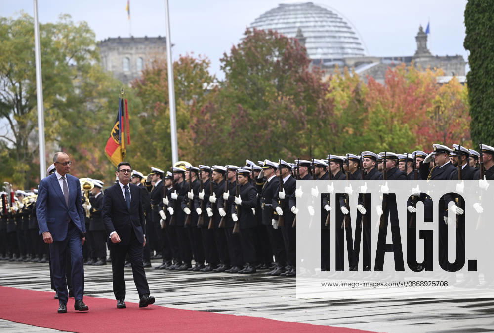British Prime Minister Burnham welcomed with military ceremony in Berlin BERLIN, GERMANY - OCTOBER 8: German Chancellor Friedrich Merz (L) and British Prime Minister Andy Burnham (2nd L) walk past the honour guards with a military ceremony at the Federal Chancellery in Berlin, Germany, on October 8, 2026. Halil Sagirkaya Anadolu Berlin Germany. Editorial use only. Please get in touch for any other usage.